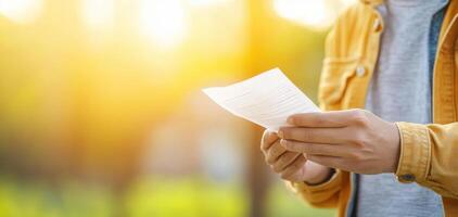 person holding document in sunny outdoor setting, showcasing thoughtful expression. warm light creates serene atmosphere photo