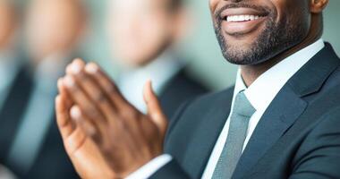 smiling man in suit claps during conference, showcasing professionalism and engagement. His positive demeanor reflects successful business environment photo