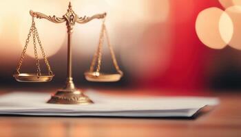 golden scale of justice stands prominently on legal papers, symbolizing fairness and law. blurred background adds warm ambiance, enhancing image emotional depth photo