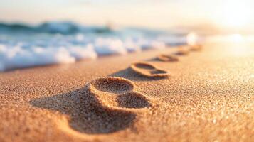 Close up shot of sandy footprints leading to ocean, capturing serene moment at beach. gentle waves and warm sunlight create peaceful atmosphere photo