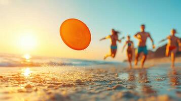 Group playing frisbee on beach during sunset, capturing joy and excitement. vibrant orange frisbee flies through air as friends enjoy fun day by sea photo