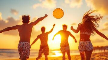 Playing frisbee on beach during sunset, group of friends enjoys fun and energetic moment. warm colors of sky create joyful atmosphere photo