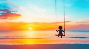 child swings on beach at sunset, surrounded by vibrant colors and calm waves, evoking sense of joy and freedom photo