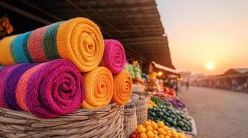 Colorful textiles and fruits in vibrant marketplace at sunset, showcasing lively atmosphere with warm hues and rich textures photo