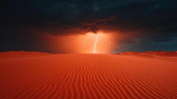 dramatic thunderstorm rolls over vast desert landscape, illuminating sky with flashes of lightning. striking contrast of dark clouds against vibrant sand creates breathtaking scene photo