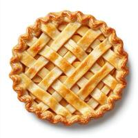 classic apple pie with golden lattice crust, warm and inviting, perfect for dessert or family gathering photo