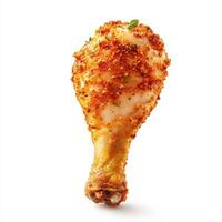 Crispy fried chicken drumstick with golden coating, perfect for delicious meal. This appetizing dish is ideal for gatherings or comforting dinner photo
