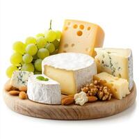 platter of assorted cheeses with grapes, nuts, and wooden board creates delightful presentation for any gathering. variety of textures and flavors invites enjoyment and sharing photo
