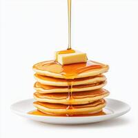 Fluffy pancakes stacked high with melting butter and drizzled maple syrup create deliciously inviting breakfast scene. Perfect for food lovers photo