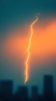 dramatic lightning bolt strikes against vibrant urban skyline, illuminating sky with orange glow. scene captures raw power of nature amidst city life photo