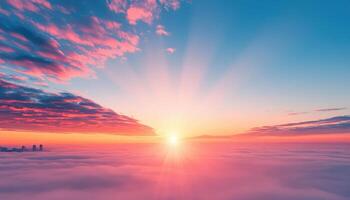 Panoramic view of foggy valley at sunrise with vibrant rays illuminating sky, creating serene and breathtaking atmosphere photo