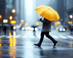 person walks in bustling city street under yellow umbrella, surrounded by blurred traffic and reflections on wet pavement, creating vibrant urban scene photo