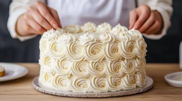 Close up of hands decorating homemade cake with creamy frosting, showcasing intricate designs and beautiful finish. Perfect for baking enthusiasts and dessert lovers photo