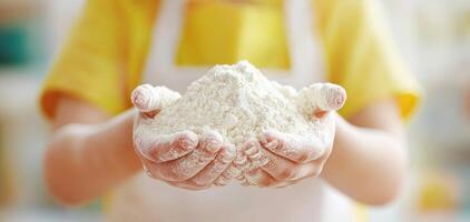 Child holding flour in hands, wearing apron, bright kitchen setting, joyful moment of cooking and baking, engaging in culinary activities with family photo