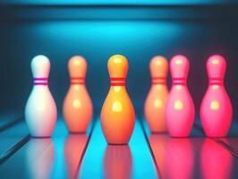 Brightly colored bowling pins arranged in striking formation, showcasing vibrant hues of orange, pink, and white against softly lit background photo