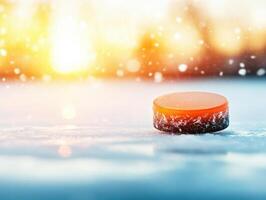 ice hockey puck sliding across snowy surface, illuminated by warm sunset glow, creates serene winter scene photo