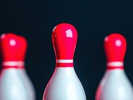 Bowling pins with red tops stand in row against dark background, showcasing their glossy finish and vibrant colors. image captures essence of bowling excitement photo