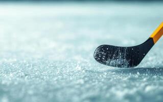 close up of ice hockey stick poised to hit puck on frozen surface, showcasing texture of ice and stick blade. scene captures excitement of game photo
