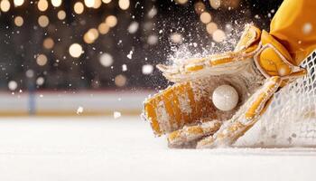 close up of ice hockey goalie making save, with puck in glove and snow flying around. intensity of moment captures excitement of game photo
