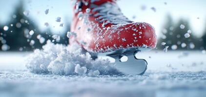 Close up of red ice skate blade carving into ice, creating spray of snow. scene captures beauty and excitement of winter sports photo