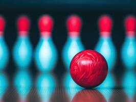 vibrant red bowling ball positioned in front of blue and red pins, creating dynamic scene. blurred background adds sense of motion and excitement to bowling experience photo