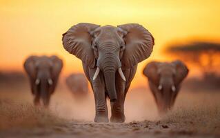 Majestic elephants walking towards camera during sunset, creating stunning silhouette against vibrant orange sky. scene captures beauty of wildlife in its natural habitat photo