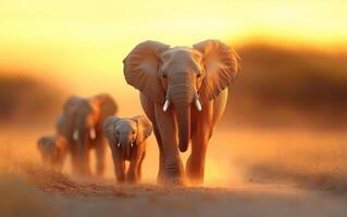 Elephants walking in golden sunset, creating serene atmosphere. herd includes baby elephant, showcasing family bonds in wild photo