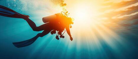scuba diver exploring underwater, illuminated by sunlight, creating serene atmosphere. vibrant colors and rays of light enhance beauty of ocean photo