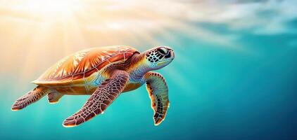 vibrant underwater scene featuring turtle swimming gracefully in clear blue water, illuminated by sunlight filtering through surface photo