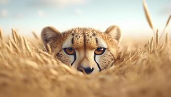 Cheetah peeking through tall grass in serene landscape, showcasing its intense gaze and natural habitat. scene captures beauty of wildlife and essence of nature photo