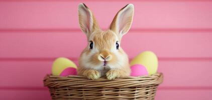 Cute fluffy bunny peeking out of Easter basket filled with colorful eggs, creating joyful and festive atmosphere. Perfect for spring celebrations and holiday decorations photo