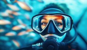 Dramatic close up of scuba diver mask reflecting underwater scenery, showcasing vibrant fish and serene ocean environment. diver focused expression adds to captivating scene photo