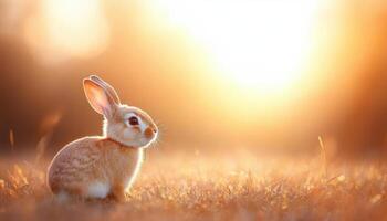 cute rabbit sitting in field during golden sunrise, surrounded by soft grass and warm light, creating serene and peaceful atmosphere photo