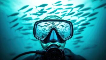 Dramatic close up of scuba diver mask reflecting underwater scenery, surrounded by fish. vibrant blue tones create captivating and immersive underwater experience photo