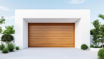 Elegant wooden garage door with modern architecture, surrounded by greenery and clear sky, creating serene and stylish atmosphere photo