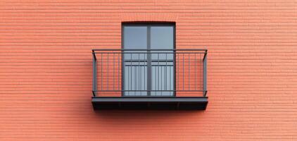 modern balcony on vibrant orange brick wall, showcasing sleek lines and minimalist design. contrast between colors creates striking visual appeal photo