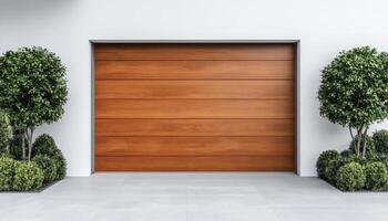 Elegant wooden garage door with modern architecture, surrounded by neatly trimmed shrubs and clean, minimalist design. This captures stylish entrance to contemporary home photo