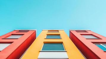 Modern high rise building with colorful facades against clear blue sky. vibrant red and yellow colors create striking visual contrast, enhancing architectural appeal photo