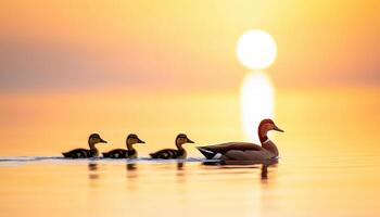 family of ducks swimming in line during sunset, creating serene and peaceful atmosphere. warm colors of sky reflect on water, enhancing tranquil scene photo