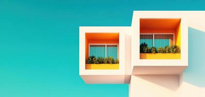 Modern co op building with unique architectural design and vibrant colors. bright orange accents and greenery create lively atmosphere against clear blue sky photo