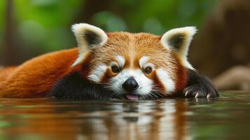 red panda lying on its back in shallow stream, lazily sipping water, surrounded by lush green forest. peaceful atmosphere creates heartwarming scene, captured in perfect light photo