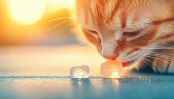 close up of tabby cat licking ice cubes, enjoying warm sunset. soft light highlights cat fur and shimmering ice, creating serene and playful atmosphere photo
