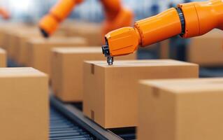 Automated robotic arms handling export packaging process in warehouse. scene showcases efficiency and precision in modern logistics and manufacturing photo