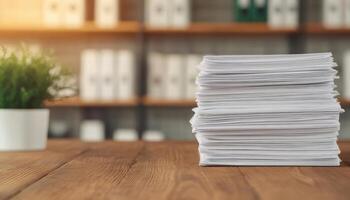 Stacks of documents on wooden table with plant in pot, creating serene workspace atmosphere. background features organized shelves filled with files photo