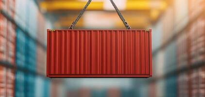 red shipping container is being lifted by industrial crane in warehouse, showcasing vibrant and dynamic scene of logistics and transportation photo