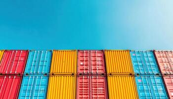 Colorful shipping containers stacked against clear blue sky create vibrant industrial scene. arrangement showcases red, yellow, and blue containers, emphasizing their geometric patterns photo