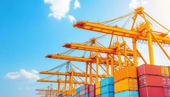 Loading cargo at shipping port with industrial cranes and colorful containers under bright blue sky. scene captures essence of logistics and transportation photo