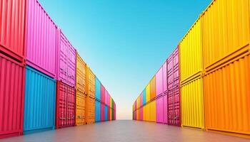Colorful shipping containers create vibrant scene under clear blue sky, showcasing modern industrial environment. arrangement highlights contrast of colors and shapes photo