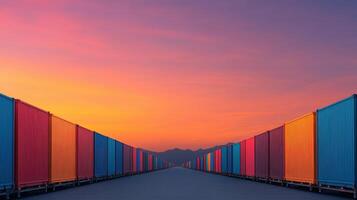 Rows of colorful shipping containers at sunset, creating vibrant landscape. warm hues of sky contrast beautifully with containers, evoking sense of tranquility and order photo