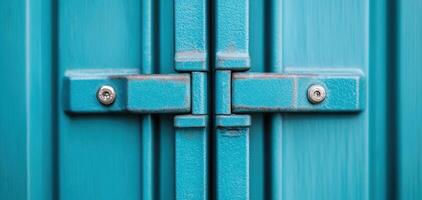close up view of turquoise industrial door hinge, showcasing its texture and details. vibrant color and metallic elements create striking visual contrast, emphasizing craftsmanship photo